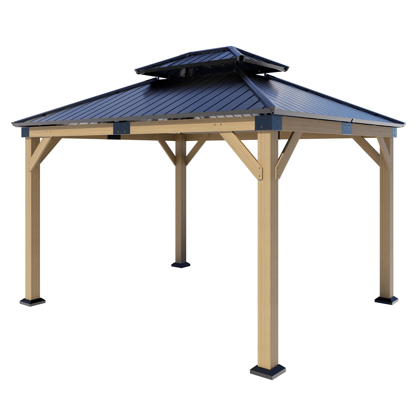 12x10 ft fir Wood Gazebo with Sunlight Roof , Hardtop Gazebo with Galvanized Steel Double Roof, Heavy Duty Pavilion for Patio Lawn and Garden