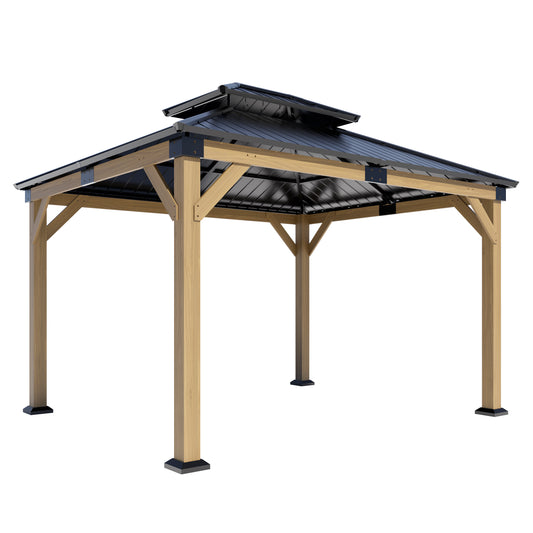 12x10 ft fir Wood Gazebo with Sunlight Roof , Hardtop Gazebo with Galvanized Steel Double Roof, Heavy Duty Pavilion for Patio Lawn and Garden