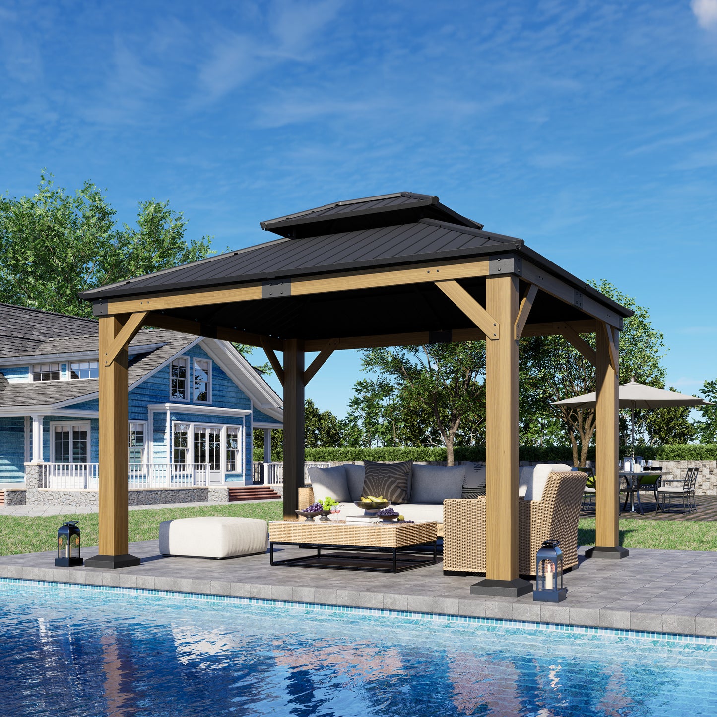 12x10 ft fir Wood Gazebo with Sunlight Roof , Hardtop Gazebo with Galvanized Steel Double Roof, Heavy Duty Pavilion for Patio Lawn and Garden