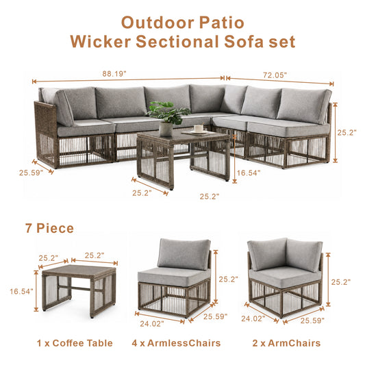 7 Piece Outdoor Patio Furniture Set-Grey, Wicker Sectional Sofa,Thick Cushions, All Weather Rattan Conversation Sets with Arm Chairs and Coffee Table for Backyard, Porch, Balcony, Deck, Garden
