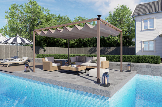 12 x 10 Ft Wood-Grain Aluminum Pergola Outdoor Pergola with Retractable Canopy Sun Shade Shelter for Garden, Patio, Backyard.