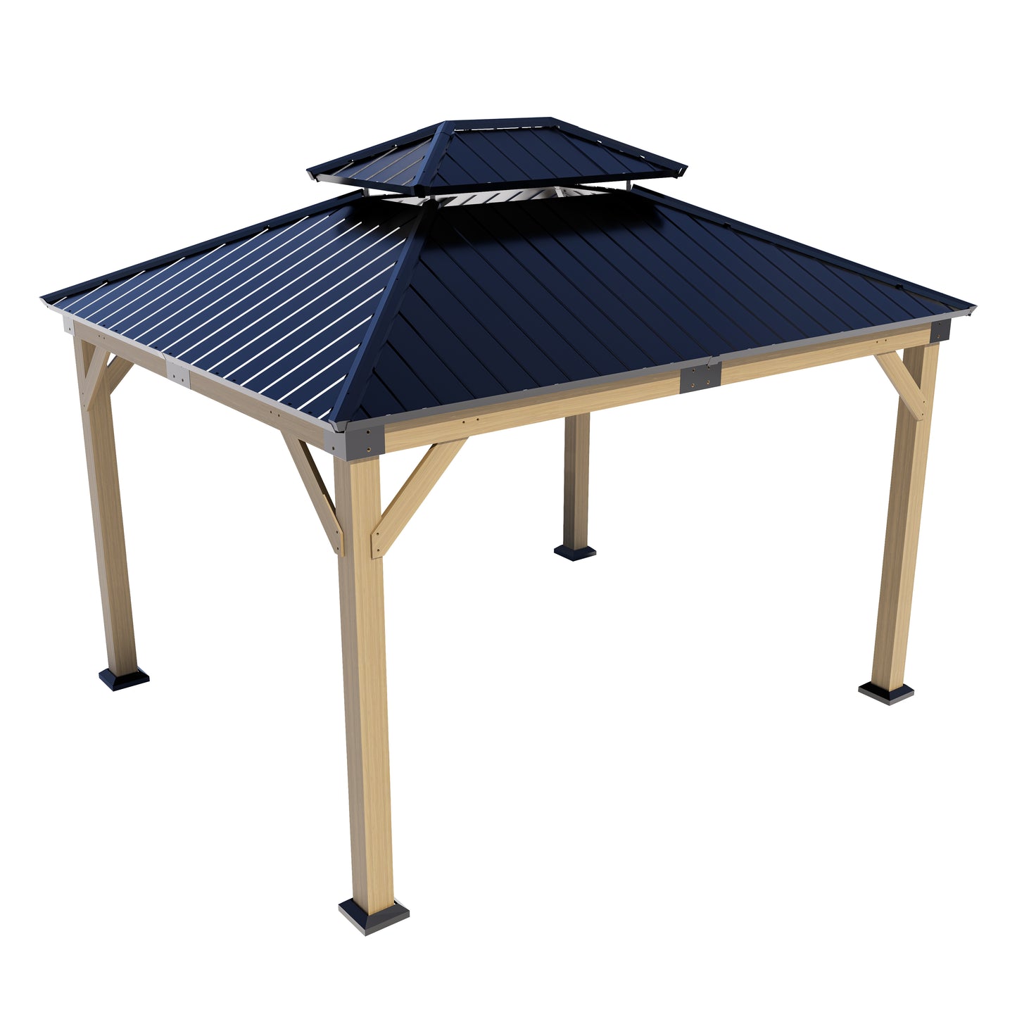12x10 ft fir Wood Gazebo with Sunlight Roof , Hardtop Gazebo with Galvanized Steel Double Roof, Heavy Duty Pavilion for Patio Lawn and Garden