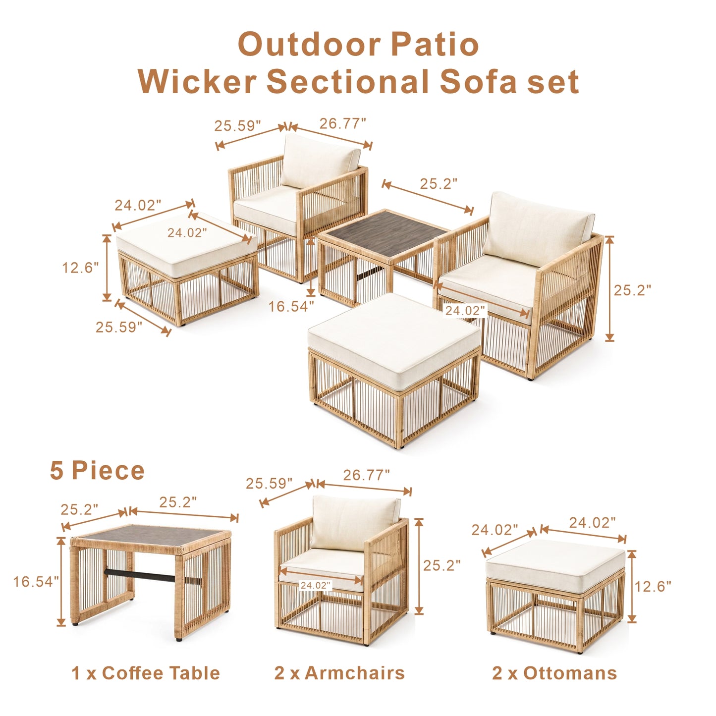 7 Piece Outdoor Patio Furniture Set-Beige, Wicker Sectional Sofa,Thick Cushions, All Weather Rattan Conversation Sets with Arm Chairs and Coffee Table for Backyard, Porch, Balcony, Deck, Garden