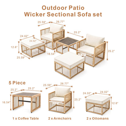 7 Piece Outdoor Patio Furniture Set-Beige, Wicker Sectional Sofa,Thick Cushions, All Weather Rattan Conversation Sets with Arm Chairs and Coffee Table for Backyard, Porch, Balcony, Deck, Garden