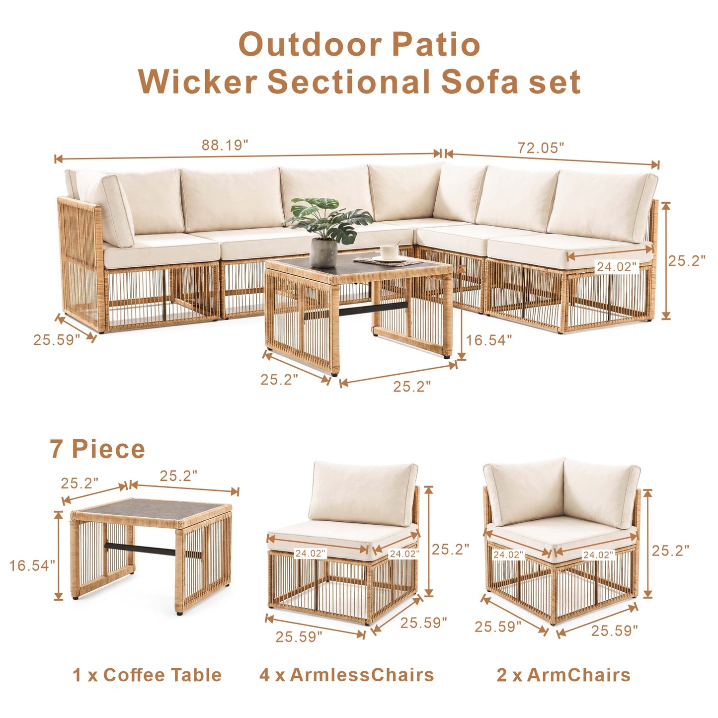 7 Piece Outdoor Patio Furniture Set-Beige, Wicker Sectional Sofa,Thick Cushions, All Weather Rattan Conversation Sets with Arm Chairs and Coffee Table for Backyard, Porch, Balcony, Deck, Garden