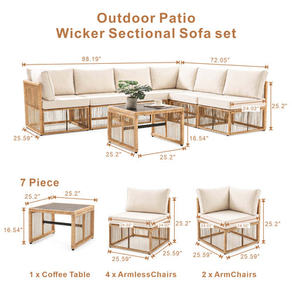 7 Piece Outdoor Patio Furniture Set-Beige, Wicker Sectional Sofa,Thick Cushions, All Weather Rattan Conversation Sets with Arm Chairs and Coffee Table for Backyard, Porch, Balcony, Deck, Garden
