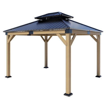 12x10 ft  fir Wood Gazebo with Sunlight Roof , Hardtop Gazebo with Galvanized Steel Double Roof, Heavy Duty Pavilion for Patio Lawn and Garden