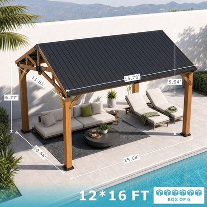 12' x 16' Outdoor Wood Gazebo with Faux Stone Column Wrap, Cedar Hardtop Wooden Pavilion with Galvanized Steel Metal Roof, Decorative Pillar Covers for Gazebos, Porch and Patio