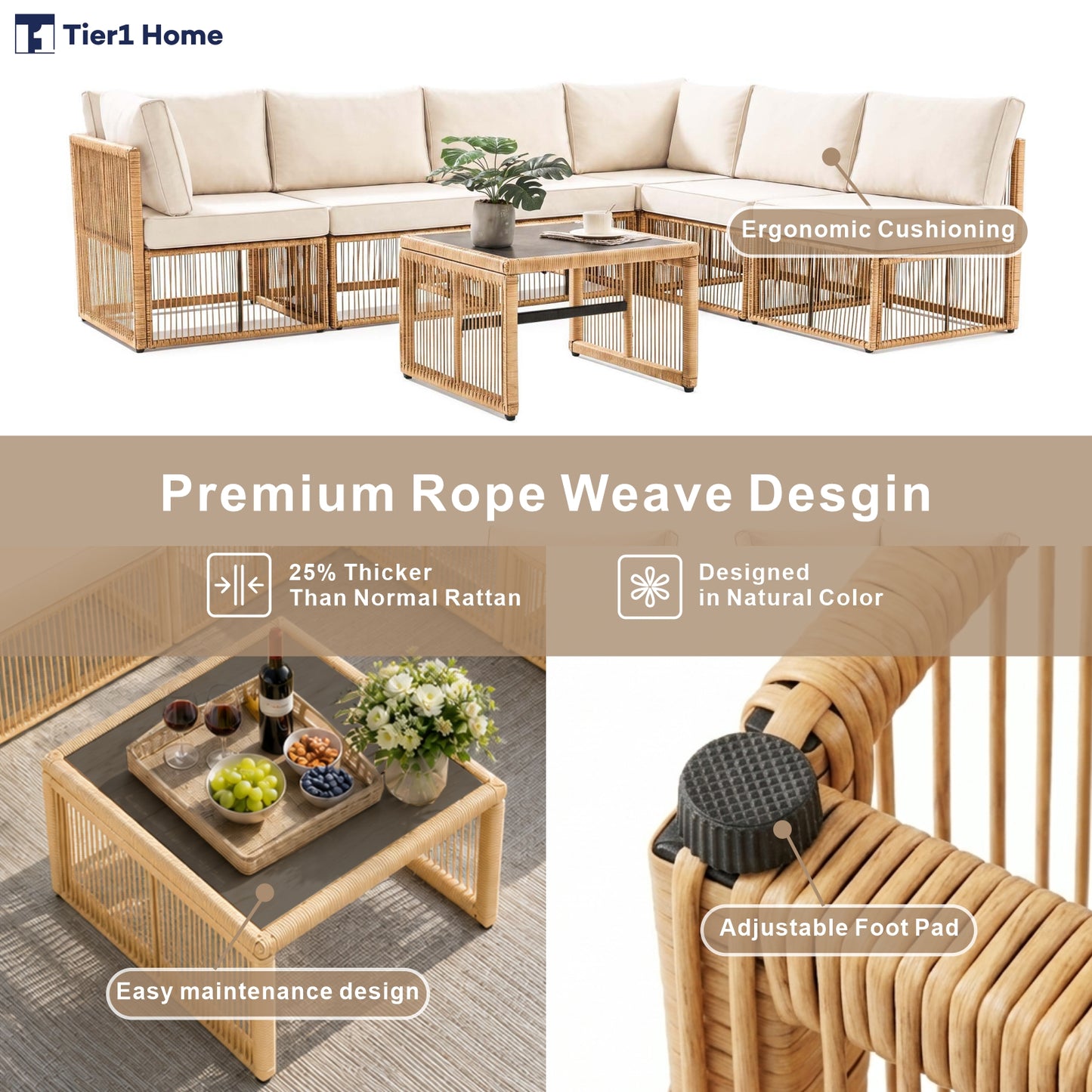 7 Piece Outdoor Patio Furniture Set-Beige, Wicker Sectional Sofa,Thick Cushions, All Weather Rattan Conversation Sets with Arm Chairs and Coffee Table for Backyard, Porch, Balcony, Deck, Garden