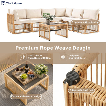 7 Piece Outdoor Patio Furniture Set-Beige, Wicker Sectional Sofa,Thick Cushions, All Weather Rattan Conversation Sets with Arm Chairs and Coffee Table for Backyard, Porch, Balcony, Deck, Garden