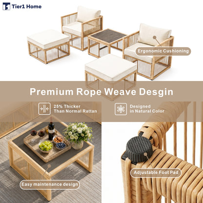 7 Piece Outdoor Patio Furniture Set-Beige, Wicker Sectional Sofa,Thick Cushions, All Weather Rattan Conversation Sets with Arm Chairs and Coffee Table for Backyard, Porch, Balcony, Deck, Garden