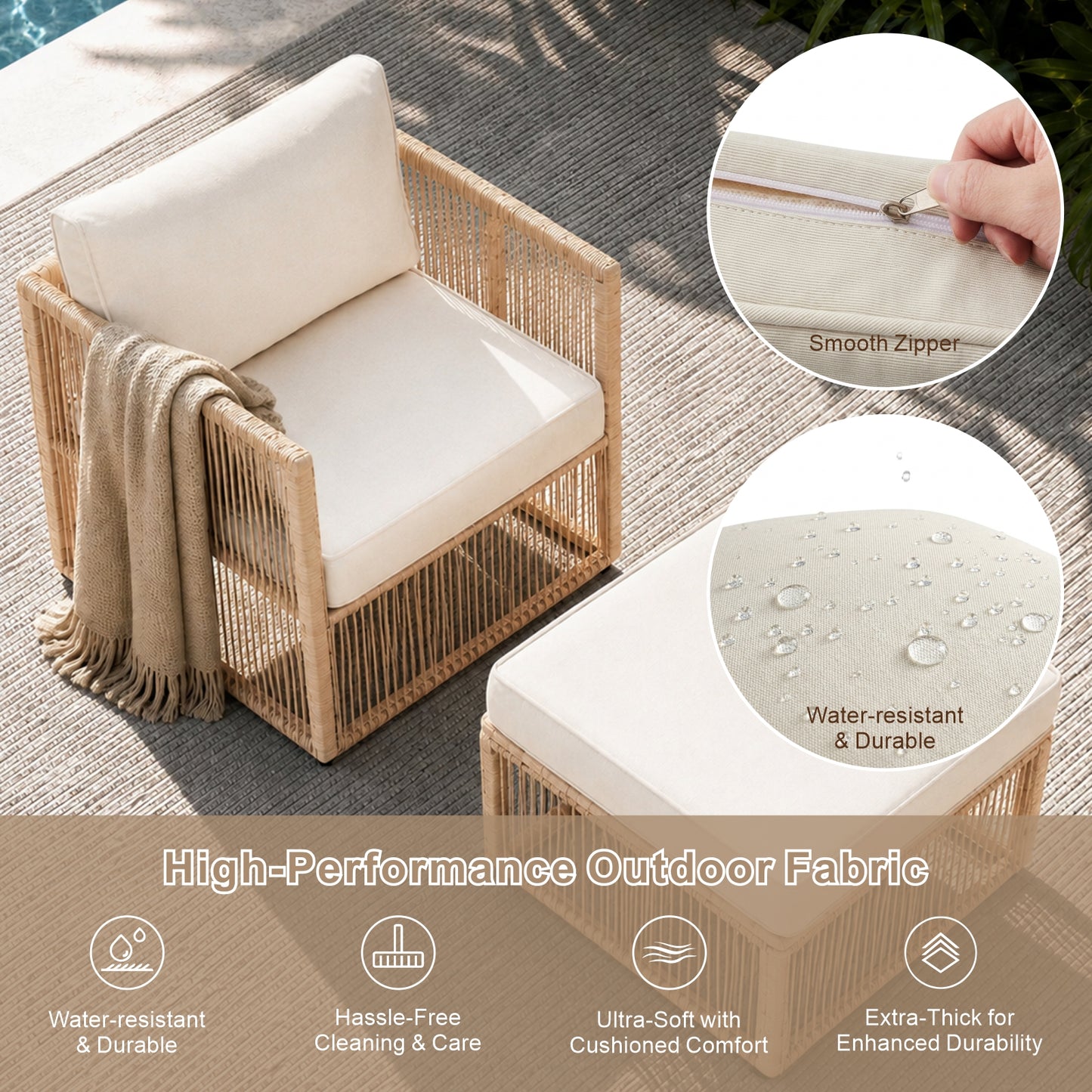 7 Piece Outdoor Patio Furniture Set-Beige, Wicker Sectional Sofa,Thick Cushions, All Weather Rattan Conversation Sets with Arm Chairs and Coffee Table for Backyard, Porch, Balcony, Deck, Garden