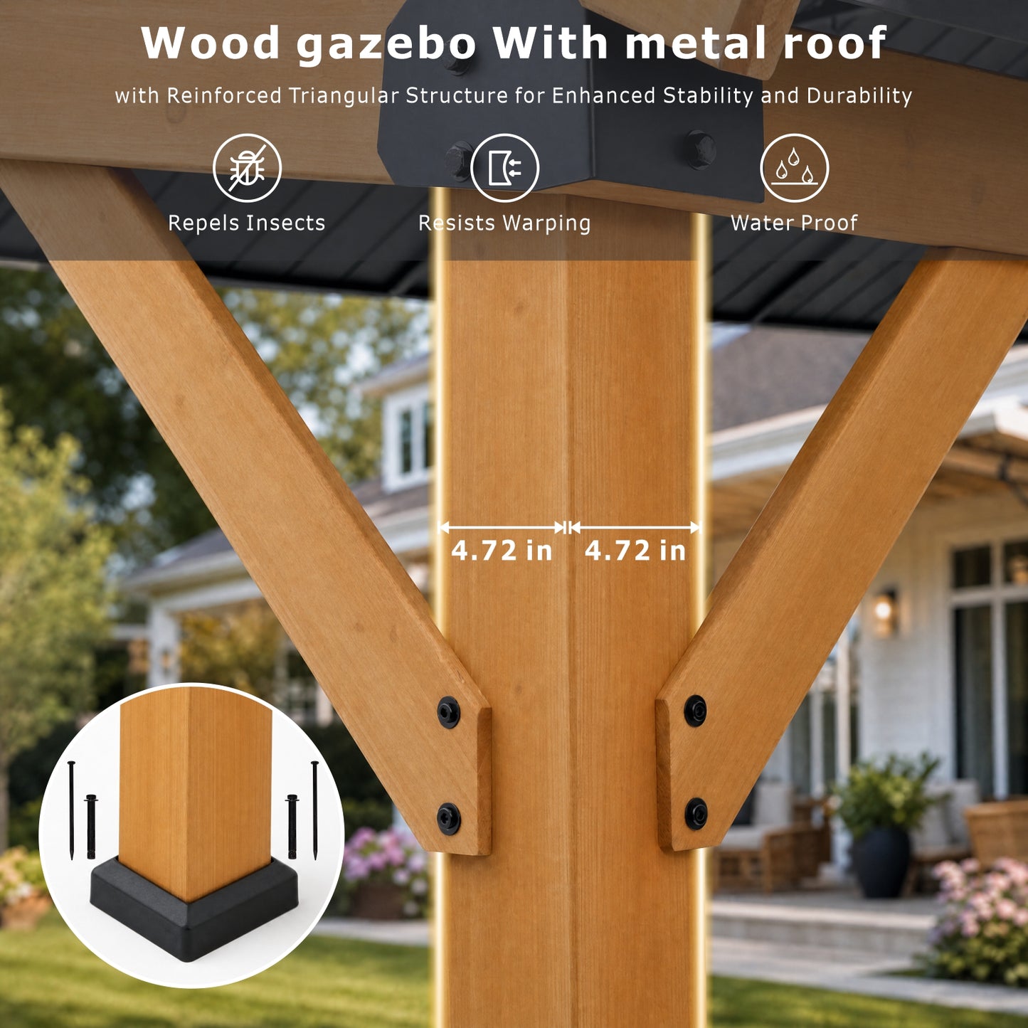 12' x 16' Outdoor Wood Gazebo with Faux Stone Column Wrap, Cedar Hardtop Wooden Pavilion with Galvanized Steel Metal Roof, Decorative Pillar Covers for Gazebos, Porch and Patio
