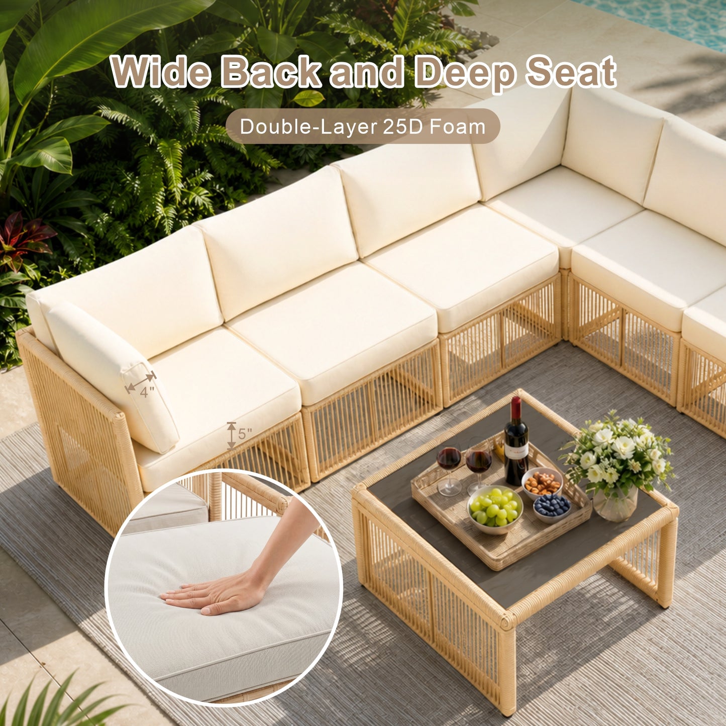 7 Piece Outdoor Patio Furniture Set-Beige, Wicker Sectional Sofa,Thick Cushions, All Weather Rattan Conversation Sets with Arm Chairs and Coffee Table for Backyard, Porch, Balcony, Deck, Garden