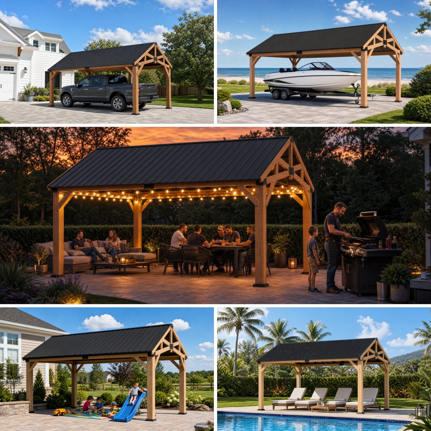 12' x 16' Outdoor Wood Gazebo with Faux Stone Column Wrap, Cedar Hardtop Wooden Pavilion with Galvanized Steel Metal Roof, Decorative Pillar Covers for Gazebos, Porch and Patio