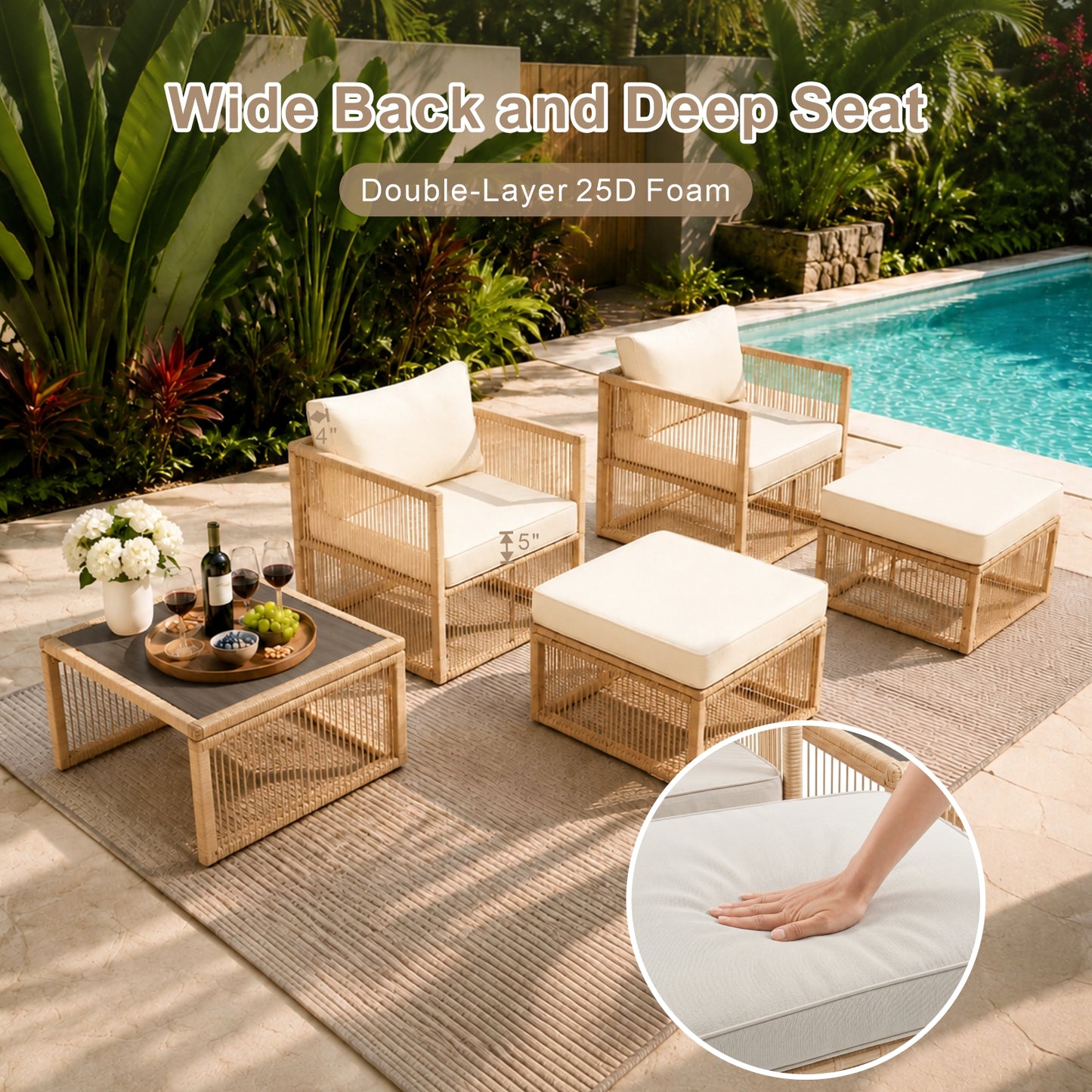 7 Piece Outdoor Patio Furniture Set-Beige, Wicker Sectional Sofa,Thick Cushions, All Weather Rattan Conversation Sets with Arm Chairs and Coffee Table for Backyard, Porch, Balcony, Deck, Garden