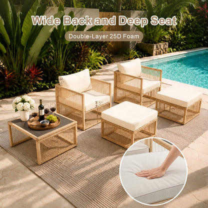 7 Piece Outdoor Patio Furniture Set-Beige, Wicker Sectional Sofa,Thick Cushions, All Weather Rattan Conversation Sets with Arm Chairs and Coffee Table for Backyard, Porch, Balcony, Deck, Garden