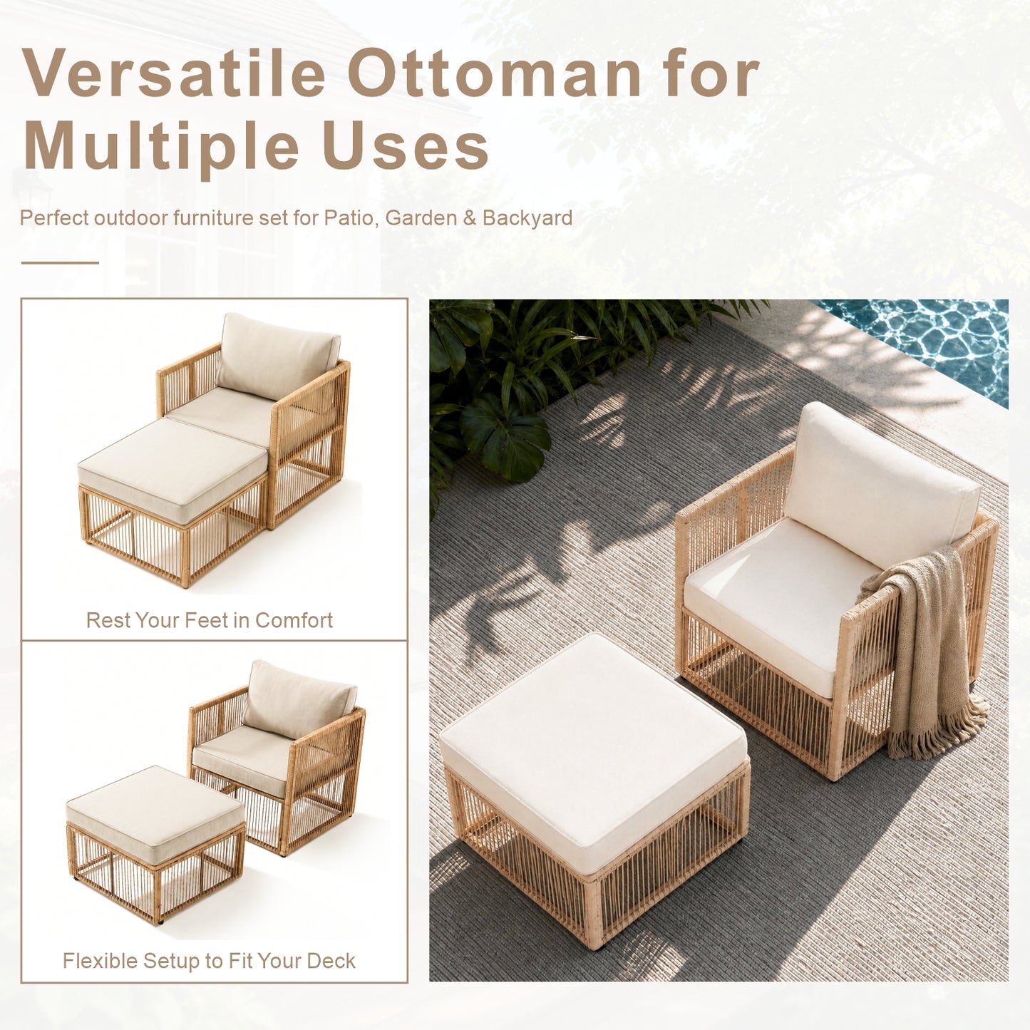 7 Piece Outdoor Patio Furniture Set-Beige, Wicker Sectional Sofa,Thick Cushions, All Weather Rattan Conversation Sets with Arm Chairs and Coffee Table for Backyard, Porch, Balcony, Deck, Garden