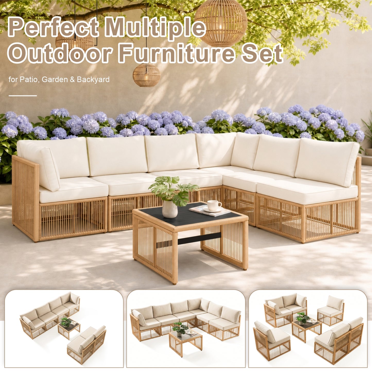 7 Piece Outdoor Patio Furniture Set-Beige, Wicker Sectional Sofa,Thick Cushions, All Weather Rattan Conversation Sets with Arm Chairs and Coffee Table for Backyard, Porch, Balcony, Deck, Garden