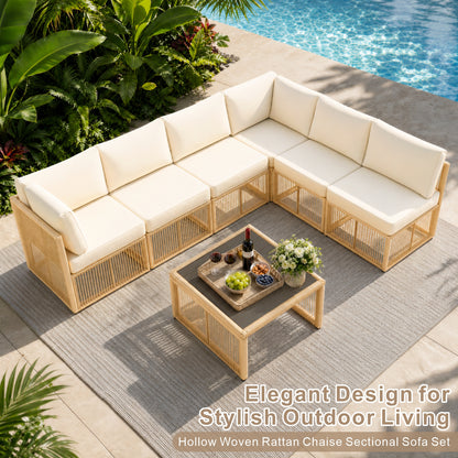 7 Piece Outdoor Patio Furniture Set-Beige, Wicker Sectional Sofa,Thick Cushions, All Weather Rattan Conversation Sets with Arm Chairs and Coffee Table for Backyard, Porch, Balcony, Deck, Garden