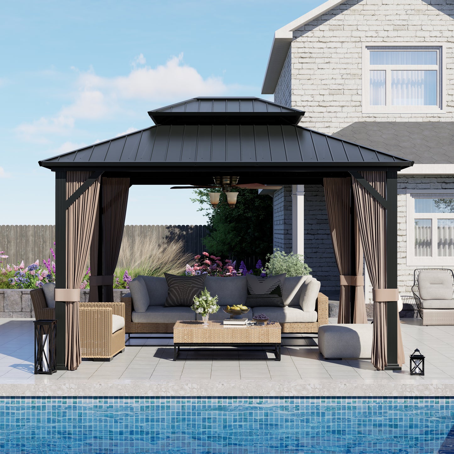 12x10 ft   Permanent Hardtop Gazebo Aluminum Gazebo with Galvanized Steel Double Roof for Patio Lawn and Garden, Curtains and Netting Included, black