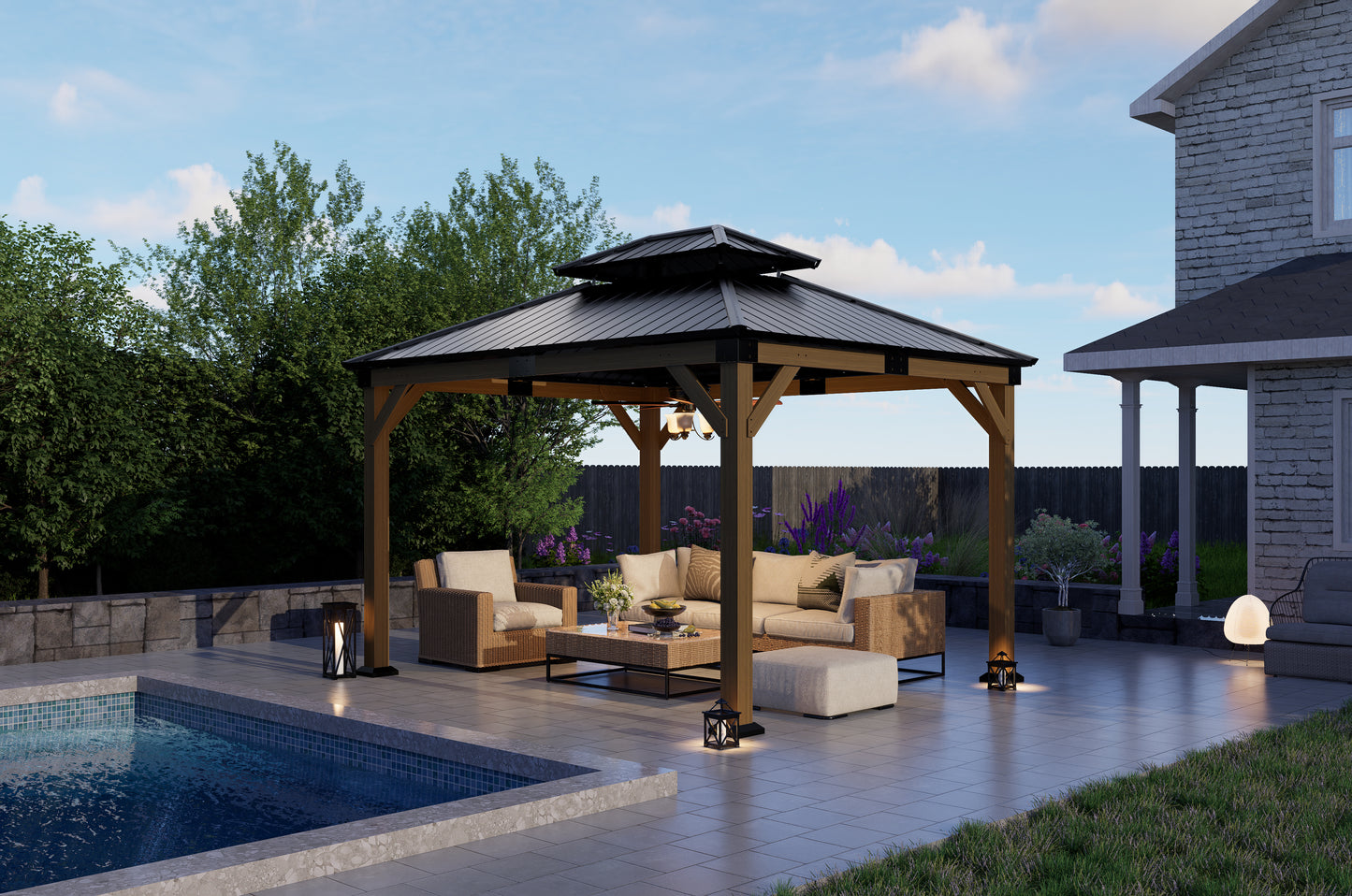 12x10 ft  fir Wood Gazebo with Sunlight Roof , Hardtop Gazebo with Galvanized Steel Double Roof, Heavy Duty Pavilion for Patio Lawn and Garden