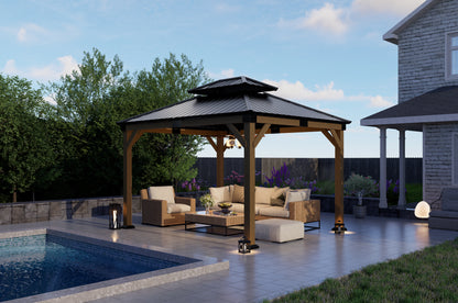 12x10 ft  fir Wood Gazebo with Sunlight Roof , Hardtop Gazebo with Galvanized Steel Double Roof, Heavy Duty Pavilion for Patio Lawn and Garden