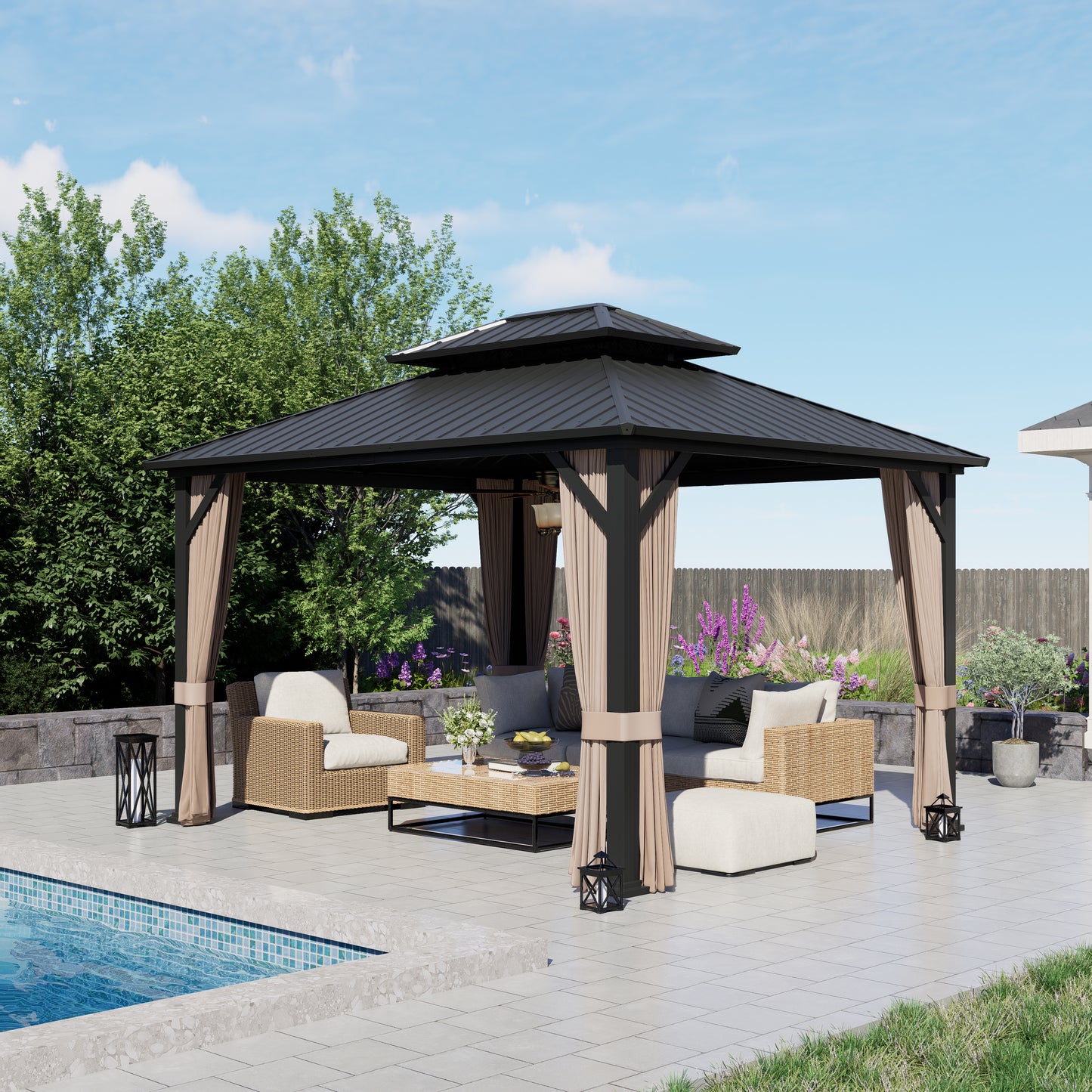 12x10 ft   Permanent Hardtop Gazebo Aluminum Gazebo with Galvanized Steel Double Roof for Patio Lawn and Garden, Curtains and Netting Included, black