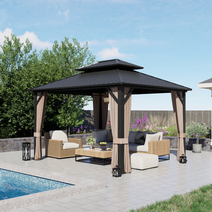 12x10 ft   Permanent Hardtop Gazebo Aluminum Gazebo with Galvanized Steel Double Roof for Patio Lawn and Garden, Curtains and Netting Included, black