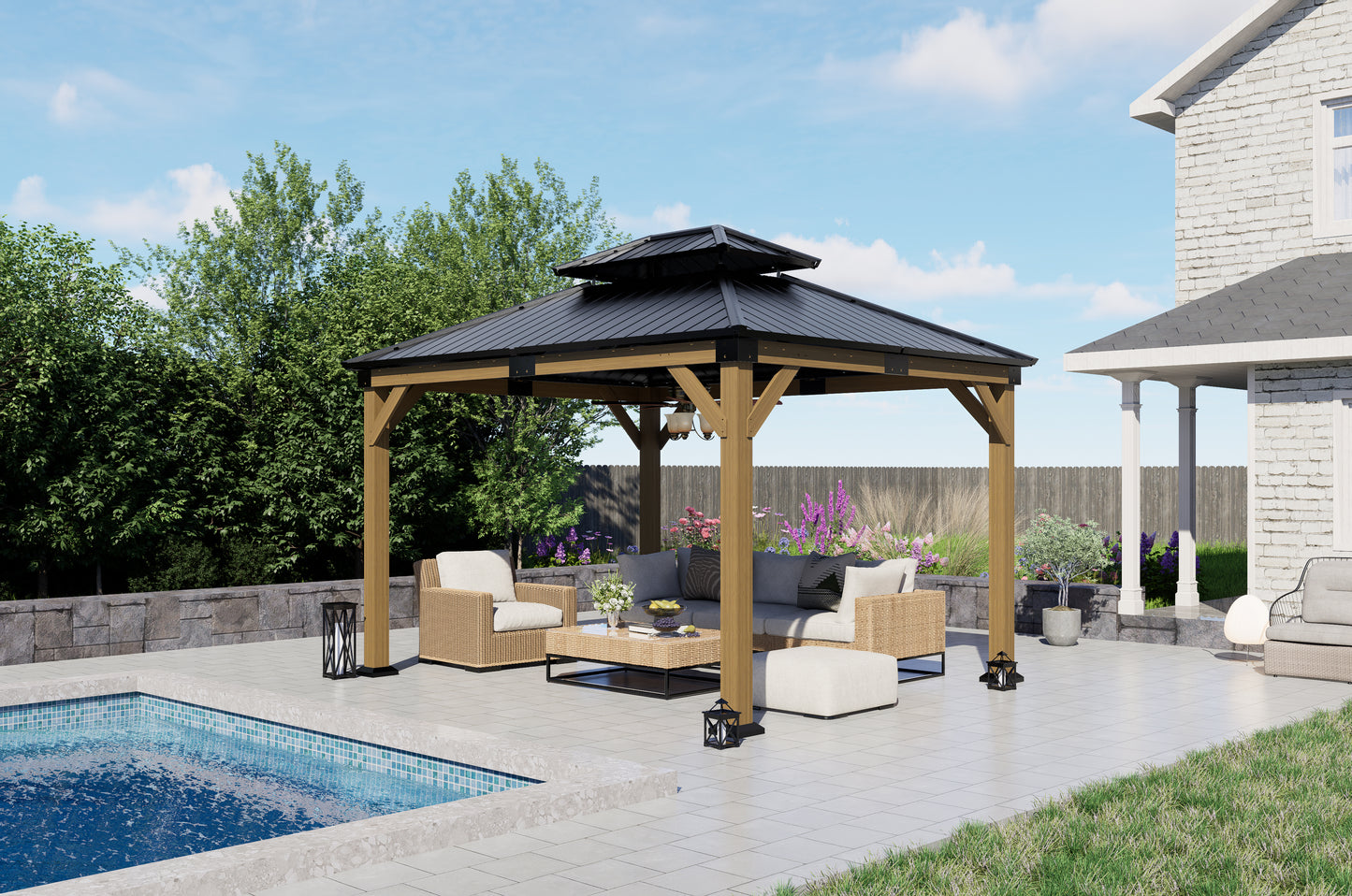 12x10 ft  fir Wood Gazebo with Sunlight Roof , Hardtop Gazebo with Galvanized Steel Double Roof, Heavy Duty Pavilion for Patio Lawn and Garden