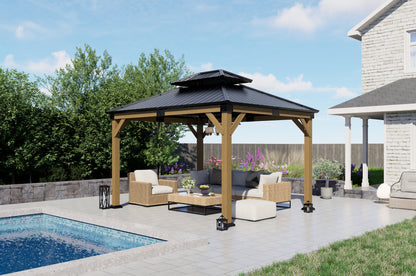 12x10 ft  fir Wood Gazebo with Sunlight Roof , Hardtop Gazebo with Galvanized Steel Double Roof, Heavy Duty Pavilion for Patio Lawn and Garden