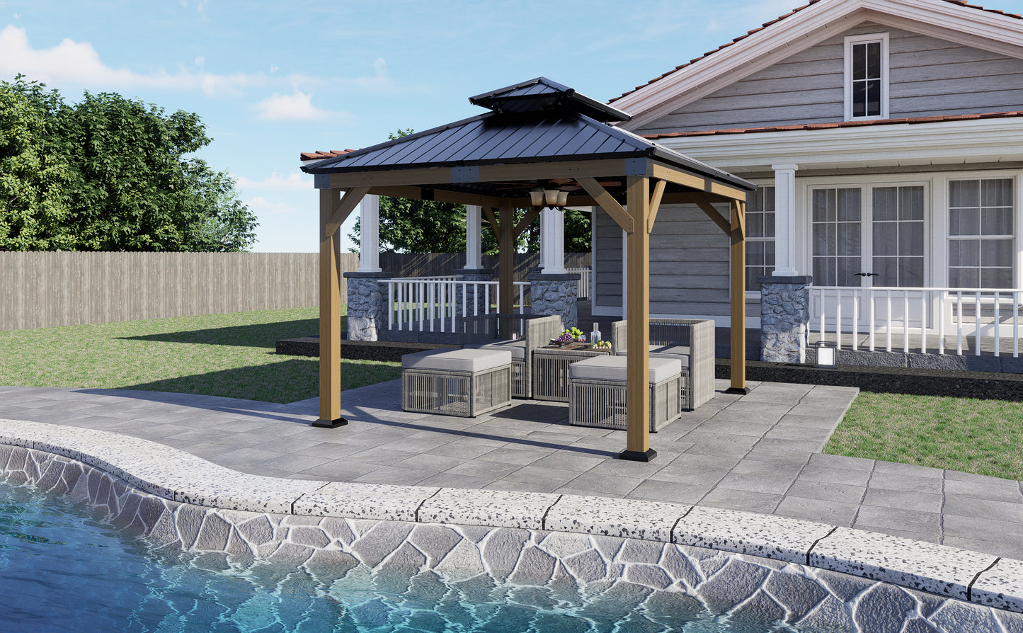 12x10 ft  fir Wood Gazebo with Sunlight Roof , Hardtop Gazebo with Galvanized Steel Double Roof, Heavy Duty Pavilion for Patio Lawn and Garden