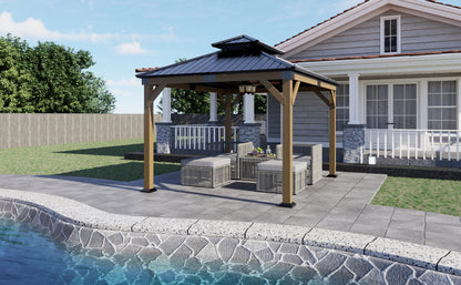 12x10 ft  fir Wood Gazebo with Sunlight Roof , Hardtop Gazebo with Galvanized Steel Double Roof, Heavy Duty Pavilion for Patio Lawn and Garden