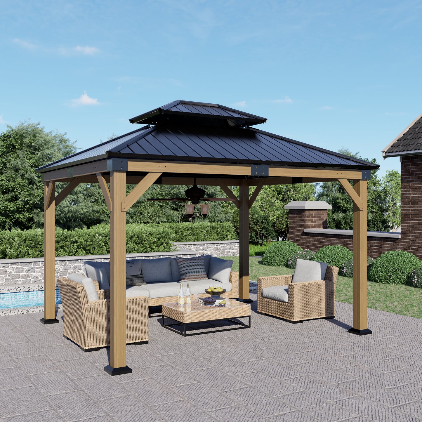 12x10 ft  fir Wood Gazebo with Sunlight Roof , Hardtop Gazebo with Galvanized Steel Double Roof, Heavy Duty Pavilion for Patio Lawn and Garden