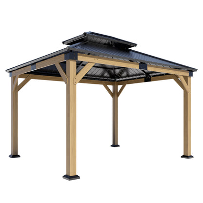 12x10 ft  fir Wood Gazebo with Sunlight Roof , Hardtop Gazebo with Galvanized Steel Double Roof, Heavy Duty Pavilion for Patio Lawn and Garden