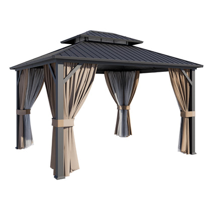 12x10 ft   Permanent Hardtop Gazebo Aluminum Gazebo with Galvanized Steel Double Roof for Patio Lawn and Garden, Curtains and Netting Included, black