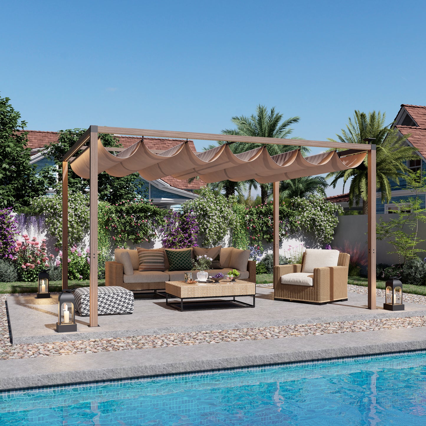 12 x 10 Ft Wood-Grain Aluminum Pergola Outdoor Pergola with Retractable Canopy Sun Shade Shelter for Garden, Patio, Backyard.