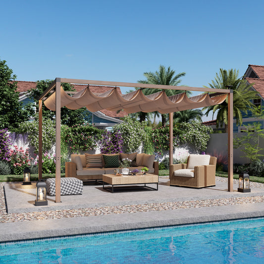 12 x 10 Ft Wood-Grain Aluminum Pergola Outdoor Pergola with Retractable Canopy Sun Shade Shelter for Garden, Patio, Backyard.