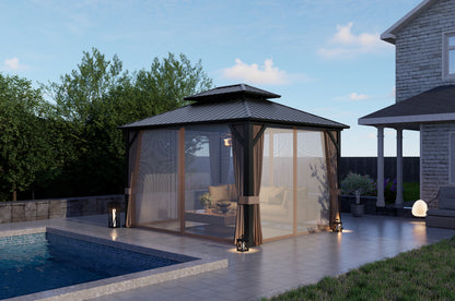 12x10 ft   Permanent Hardtop Gazebo Aluminum Gazebo with Galvanized Steel Double Roof for Patio Lawn and Garden, Curtains and Netting Included, black