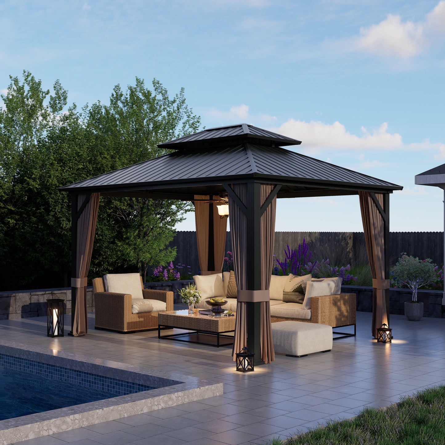 12x10 ft   Permanent Hardtop Gazebo Aluminum Gazebo with Galvanized Steel Double Roof for Patio Lawn and Garden, Curtains and Netting Included, black