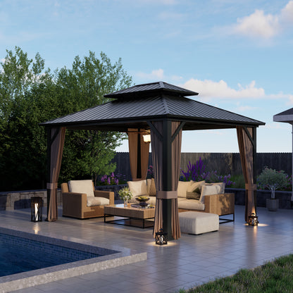 12x10 ft   Permanent Hardtop Gazebo Aluminum Gazebo with Galvanized Steel Double Roof for Patio Lawn and Garden, Curtains and Netting Included, black