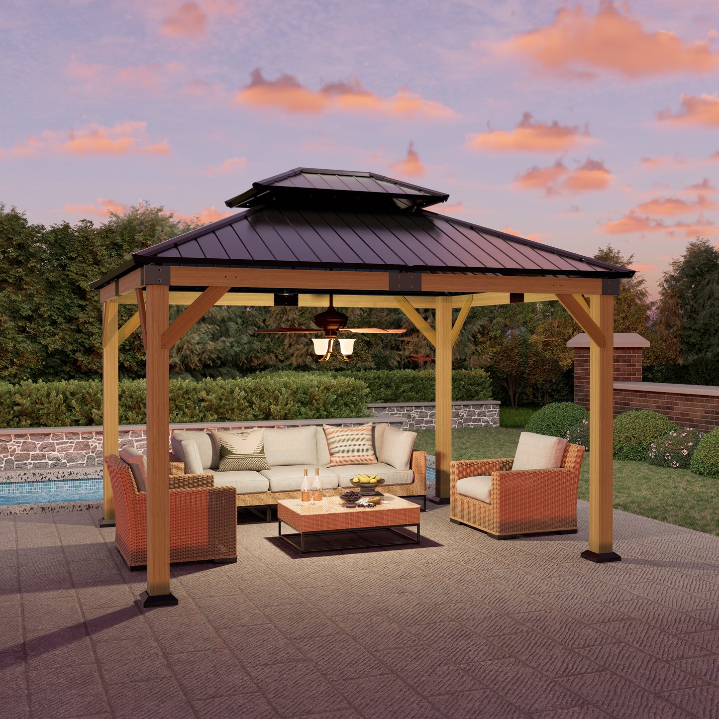 12x10 ft  fir Wood Gazebo with Sunlight Roof , Hardtop Gazebo with Galvanized Steel Double Roof, Heavy Duty Pavilion for Patio Lawn and Garden
