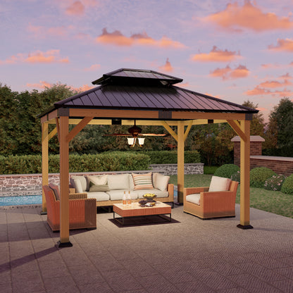 12x10 ft  fir Wood Gazebo with Sunlight Roof , Hardtop Gazebo with Galvanized Steel Double Roof, Heavy Duty Pavilion for Patio Lawn and Garden