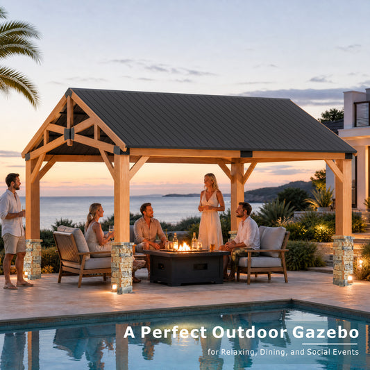 12' x 16' Outdoor Wood Gazebo with Faux Stone Column Wrap, Cedar Hardtop Wooden Pavilion with Galvanized Steel Metal Roof, Decorative Pillar Covers for Gazebos, Porch and Patio