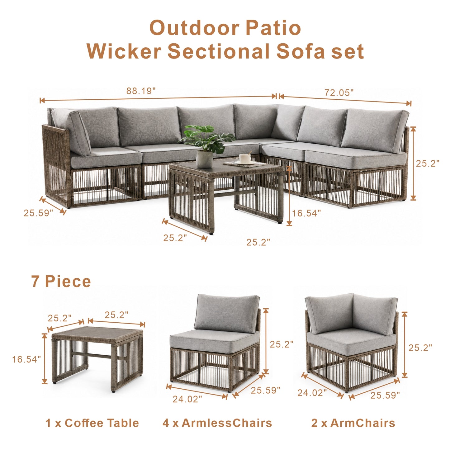 7 Piece Outdoor Patio Furniture Set-Grey, Wicker Sectional Sofa,Thick Cushions, All Weather Rattan Conversation Sets with Arm Chairs and Coffee Table for Backyard, Porch, Balcony, Deck, Garden