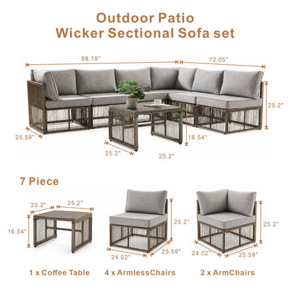 7 Piece Outdoor Patio Furniture Set-Grey, Wicker Sectional Sofa,Thick Cushions, All Weather Rattan Conversation Sets with Arm Chairs and Coffee Table for Backyard, Porch, Balcony, Deck, Garden