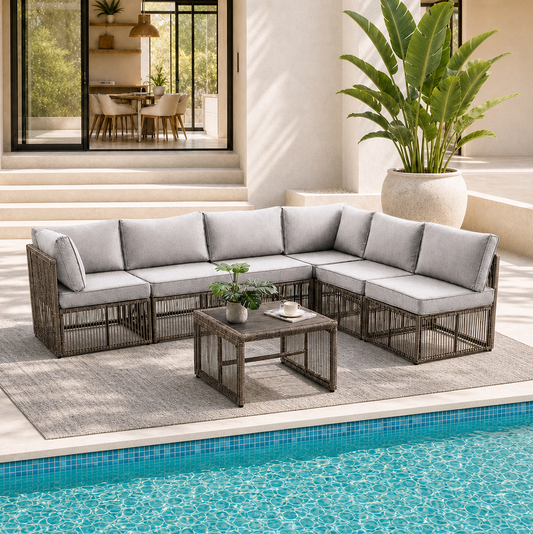 7 Piece Outdoor Patio Furniture Set-Grey, Wicker Sectional Sofa,Thick Cushions, All Weather Rattan Conversation Sets with Arm Chairs and Coffee Table for Backyard, Porch, Balcony, Deck, Garden