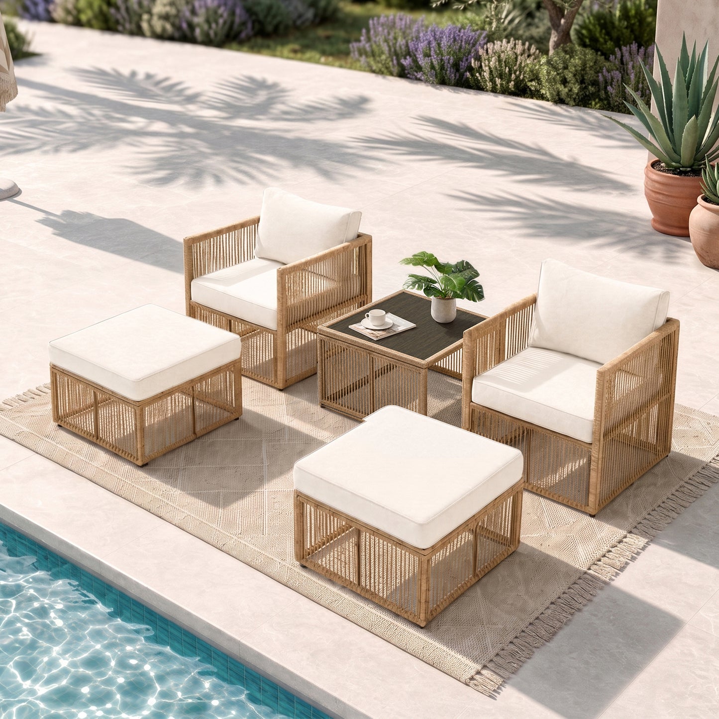 7 Piece Outdoor Patio Furniture Set-Beige, Wicker Sectional Sofa,Thick Cushions, All Weather Rattan Conversation Sets with Arm Chairs and Coffee Table for Backyard, Porch, Balcony, Deck, Garden