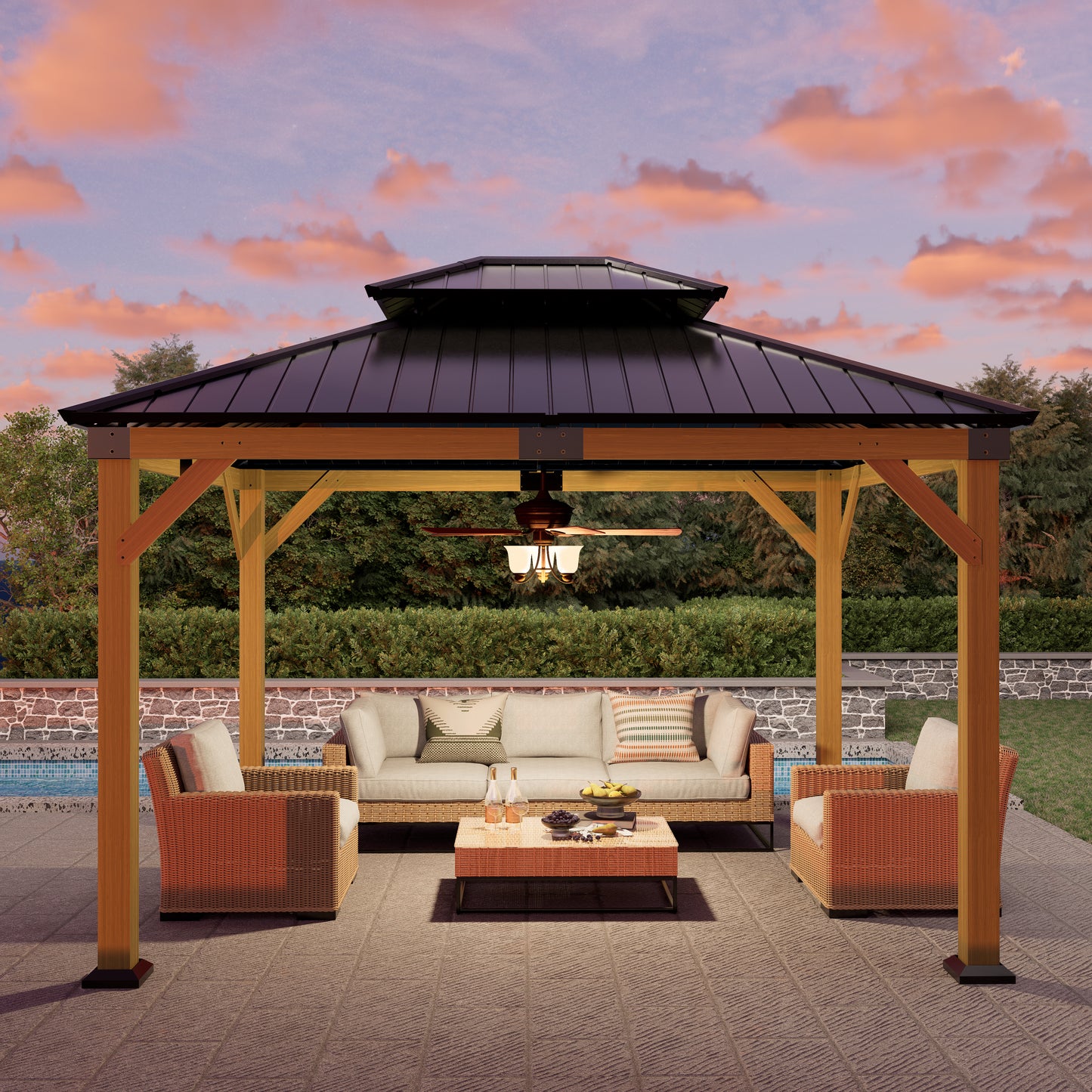 12x10 ft  fir Wood Gazebo with Sunlight Roof , Hardtop Gazebo with Galvanized Steel Double Roof, Heavy Duty Pavilion for Patio Lawn and Garden