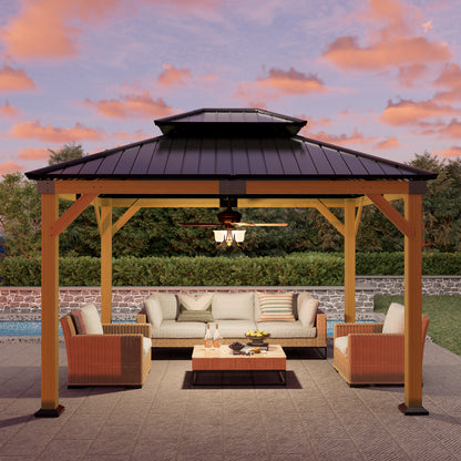 12x10 ft  fir Wood Gazebo with Sunlight Roof , Hardtop Gazebo with Galvanized Steel Double Roof, Heavy Duty Pavilion for Patio Lawn and Garden